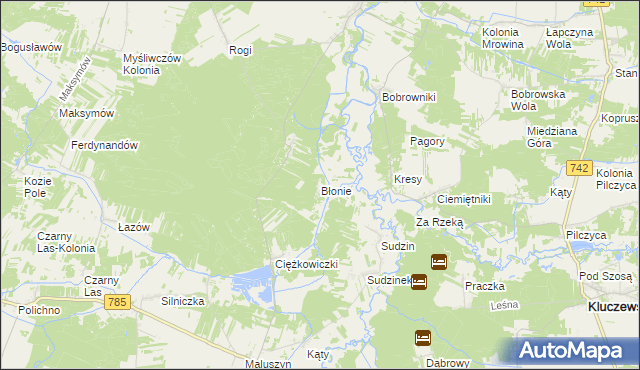 mapa Błonie gmina Wielgomłyny, Błonie gmina Wielgomłyny na mapie Targeo