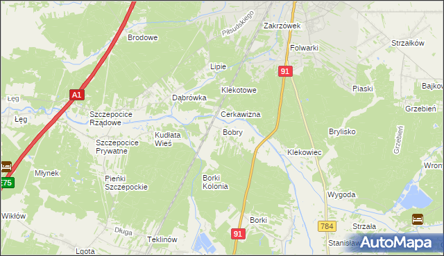 mapa Bobry gmina Radomsko, Bobry gmina Radomsko na mapie Targeo