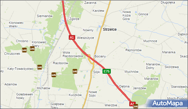 mapa Bociany gmina Strzelce, Bociany gmina Strzelce na mapie Targeo