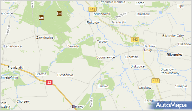 mapa Bogusławice gmina Gołuchów, Bogusławice gmina Gołuchów na mapie Targeo