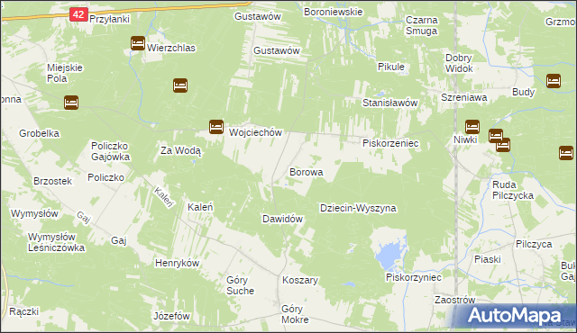 mapa Borowa gmina Przedbórz, Borowa gmina Przedbórz na mapie Targeo