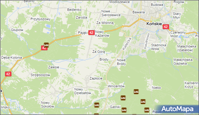 mapa Brody gmina Końskie, Brody gmina Końskie na mapie Targeo