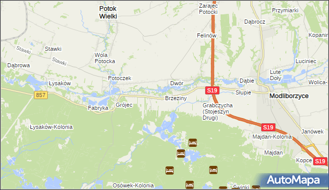 mapa Brzeziny gmina Modliborzyce, Brzeziny gmina Modliborzyce na mapie Targeo