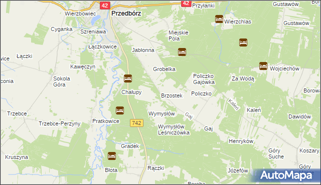 mapa Brzostek gmina Przedbórz, Brzostek gmina Przedbórz na mapie Targeo
