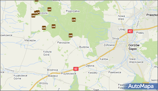 mapa Budzów gmina Gorzów Śląski, Budzów gmina Gorzów Śląski na mapie Targeo