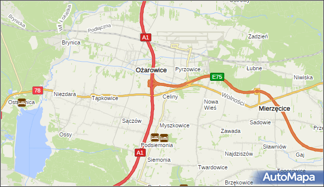 mapa Celiny gmina Ożarowice, Celiny gmina Ożarowice na mapie Targeo