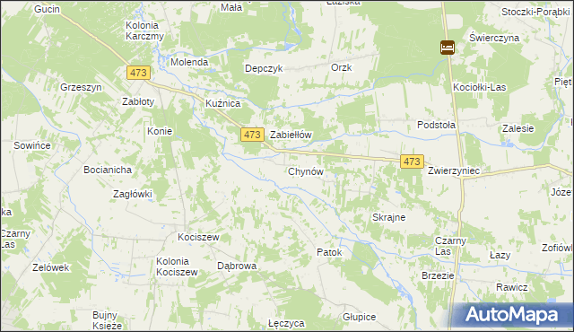 mapa Chynów gmina Drużbice, Chynów gmina Drużbice na mapie Targeo