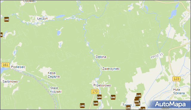 mapa Dębina gmina Krzyż Wielkopolski, Dębina gmina Krzyż Wielkopolski na mapie Targeo