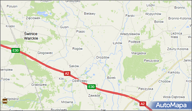 mapa Drozdów gmina Świnice Warckie, Drozdów gmina Świnice Warckie na mapie Targeo
