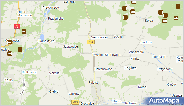 mapa Dzwono-Sierbowice, Dzwono-Sierbowice na mapie Targeo