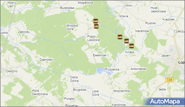 mapa Ewelinów gmina Łopuszno, Ewelinów gmina Łopuszno na mapie Targeo