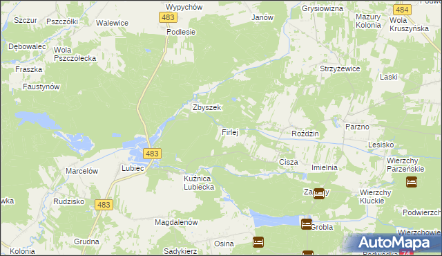 mapa Firlej gmina Szczerców, Firlej gmina Szczerców na mapie Targeo