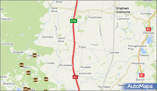 mapa Frąca gmina Smętowo Graniczne, Frąca gmina Smętowo Graniczne na mapie Targeo