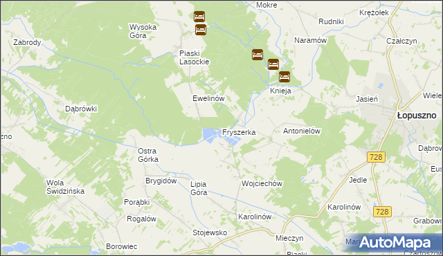 mapa Fryszerka gmina Łopuszno, Fryszerka gmina Łopuszno na mapie Targeo