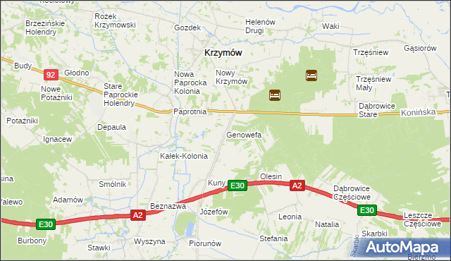 mapa Genowefa gmina Krzymów, Genowefa gmina Krzymów na mapie Targeo