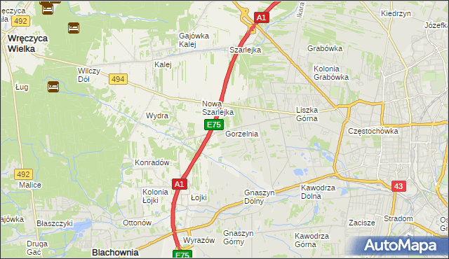 mapa Gorzelnia gmina Blachownia, Gorzelnia gmina Blachownia na mapie Targeo