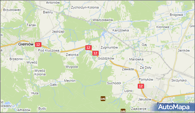 mapa Goździków gmina Gielniów, Goździków gmina Gielniów na mapie Targeo