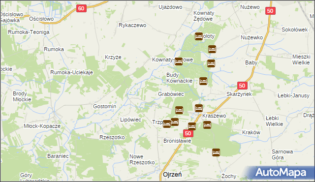 mapa Grabówiec gmina Ojrzeń, Grabówiec gmina Ojrzeń na mapie Targeo