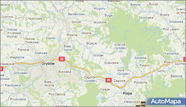 mapa Gródek gmina Grybów, Gródek gmina Grybów na mapie Targeo
