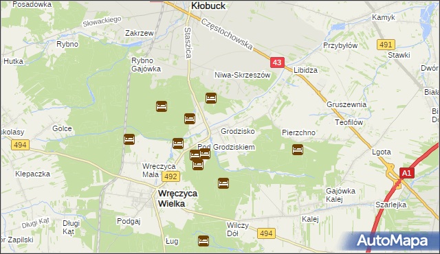 mapa Grodzisko gmina Wręczyca Wielka, Grodzisko gmina Wręczyca Wielka na mapie Targeo