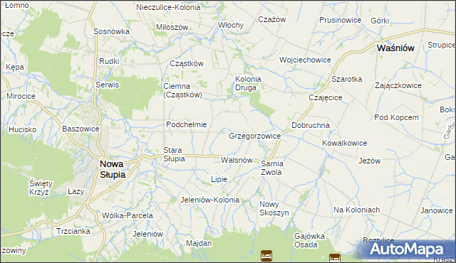 mapa Grzegorzowice gmina Waśniów, Grzegorzowice gmina Waśniów na mapie Targeo