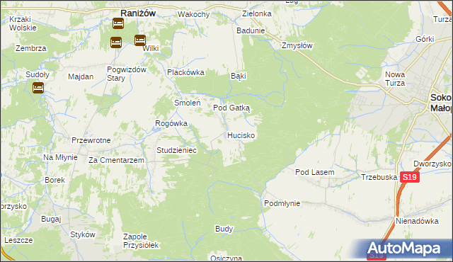 mapa Hucisko gmina Głogów Małopolski, Hucisko gmina Głogów Małopolski na mapie Targeo