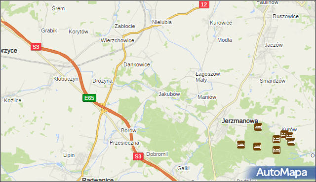 mapa Jakubów gmina Radwanice, Jakubów gmina Radwanice na mapie Targeo