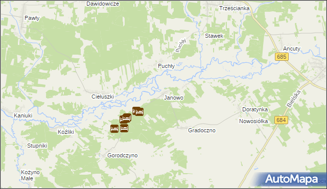 mapa Janowo gmina Narew, Janowo gmina Narew na mapie Targeo