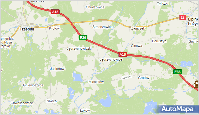 mapa Jędrzychowice gmina Trzebiel, Jędrzychowice gmina Trzebiel na mapie Targeo