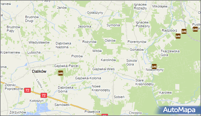 mapa Karolinów gmina Dalików, Karolinów gmina Dalików na mapie Targeo