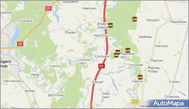 mapa Klonówka gmina Starogard Gdański, Klonówka gmina Starogard Gdański na mapie Targeo