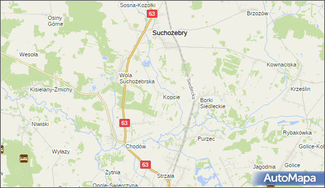 mapa Kopcie gmina Suchożebry, Kopcie gmina Suchożebry na mapie Targeo