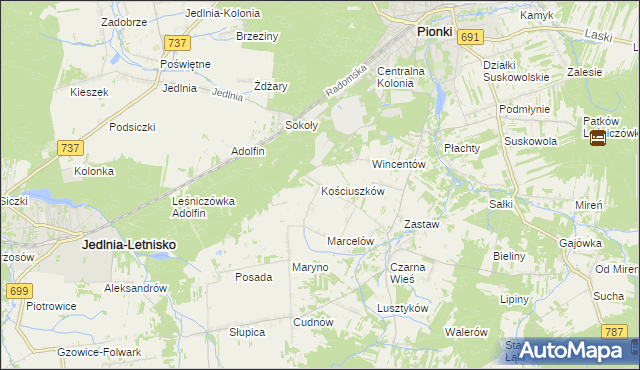 mapa Kościuszków gmina Pionki, Kościuszków gmina Pionki na mapie Targeo