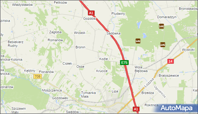 mapa Koźle gmina Stryków, Koźle gmina Stryków na mapie Targeo