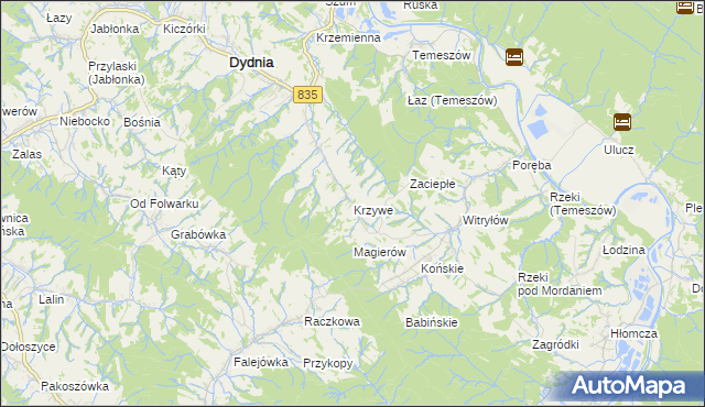 mapa Krzywe gmina Dydnia, Krzywe gmina Dydnia na mapie Targeo
