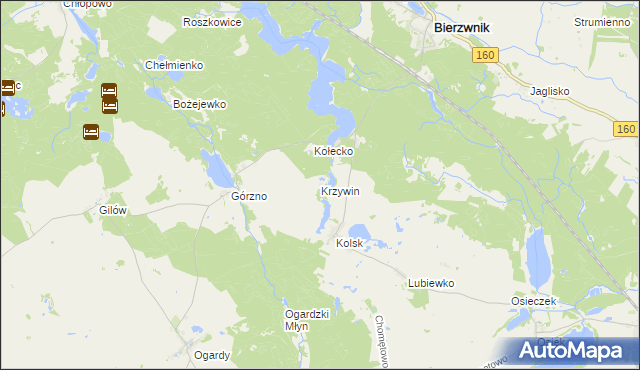 mapa Krzywin gmina Bierzwnik, Krzywin gmina Bierzwnik na mapie Targeo