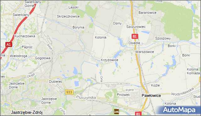 mapa Krzyżowice gmina Pawłowice, Krzyżowice gmina Pawłowice na mapie Targeo