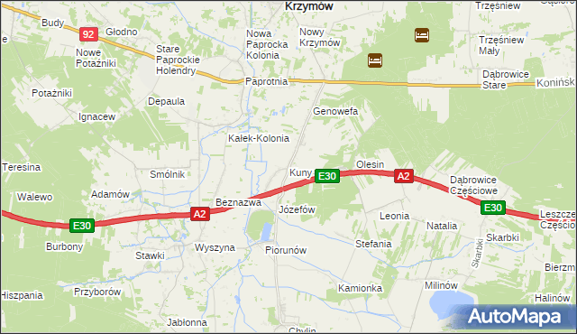 mapa Kuny gmina Władysławów, Kuny gmina Władysławów na mapie Targeo