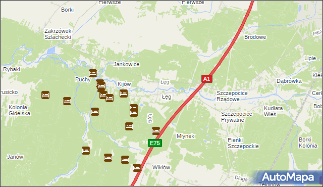 mapa Łęg gmina Kruszyna, Łęg gmina Kruszyna na mapie Targeo