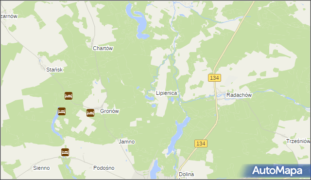 mapa Lipienica gmina Ośno Lubuskie, Lipienica gmina Ośno Lubuskie na mapie Targeo