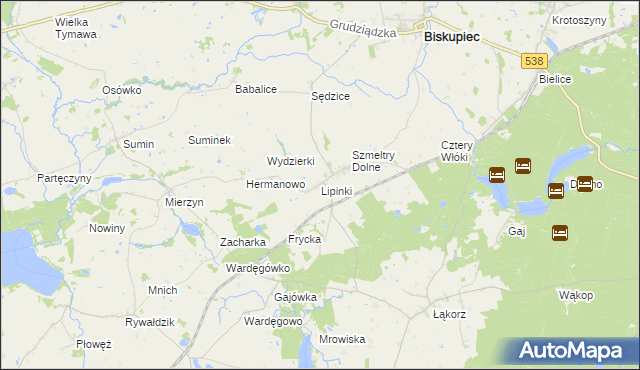 mapa Lipinki gmina Biskupiec, Lipinki gmina Biskupiec na mapie Targeo