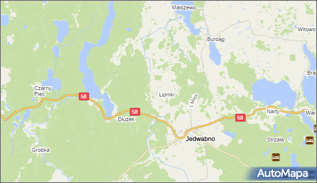 mapa Lipniki gmina Jedwabno, Lipniki gmina Jedwabno na mapie Targeo