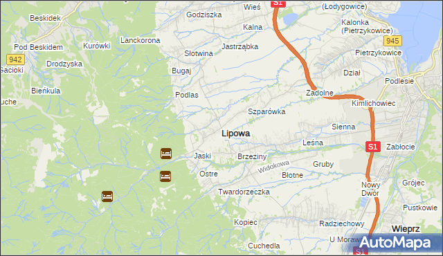 mapa Lipowa powiat żywiecki, Lipowa powiat żywiecki na mapie Targeo