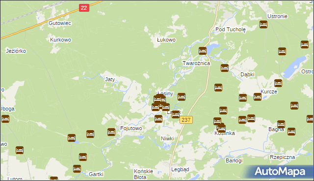 mapa Łosiny gmina Tuchola, Łosiny gmina Tuchola na mapie Targeo