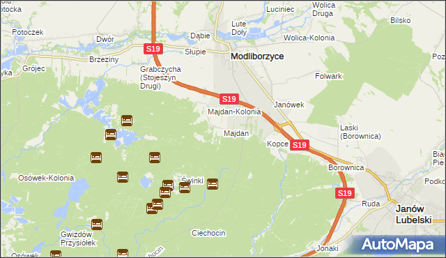 mapa Majdan gmina Modliborzyce, Majdan gmina Modliborzyce na mapie Targeo