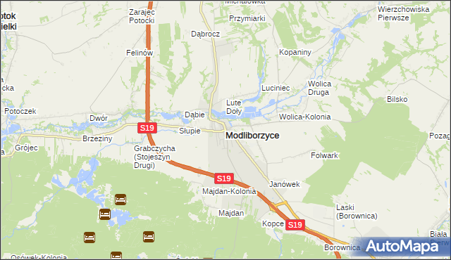 mapa Modliborzyce powiat janowski, Modliborzyce powiat janowski na mapie Targeo