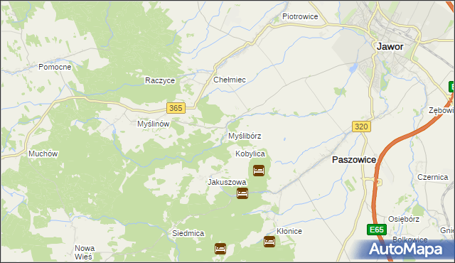 mapa Myślibórz gmina Paszowice, Myślibórz gmina Paszowice na mapie Targeo
