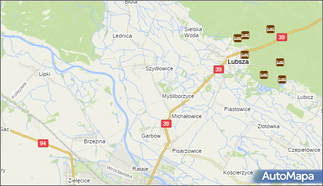 mapa Myśliborzyce gmina Lubsza, Myśliborzyce gmina Lubsza na mapie Targeo