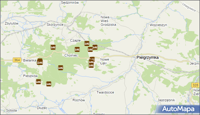 mapa Nowe Łąki gmina Pielgrzymka, Nowe Łąki gmina Pielgrzymka na mapie Targeo