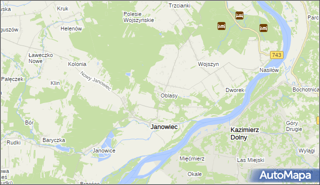 mapa Oblasy gmina Janowiec, Oblasy gmina Janowiec na mapie Targeo